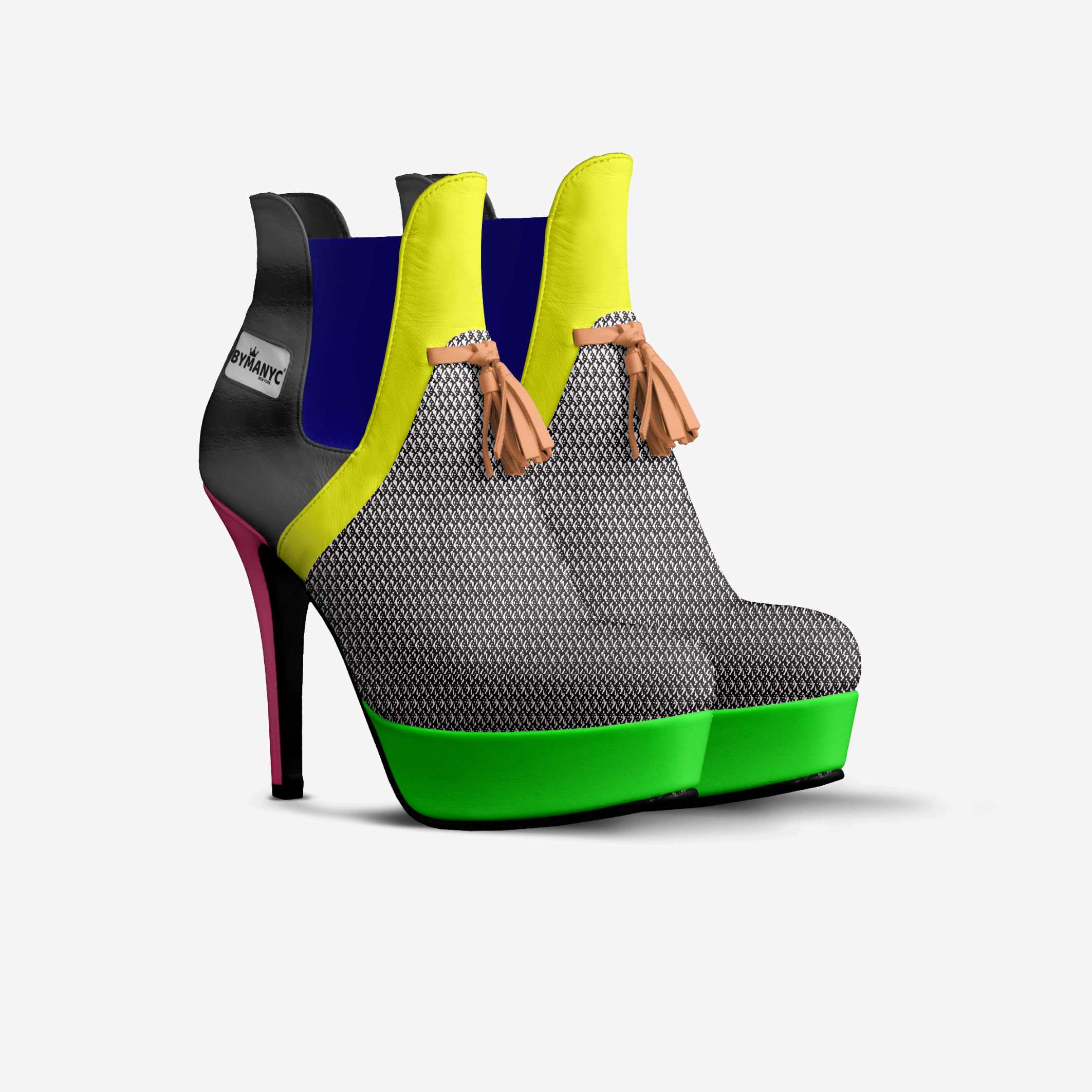 Colorful high-heeled shoe with tassels on a white background