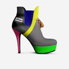 Colorful high-heeled shoe with 'BYMANYC' branding on a white background