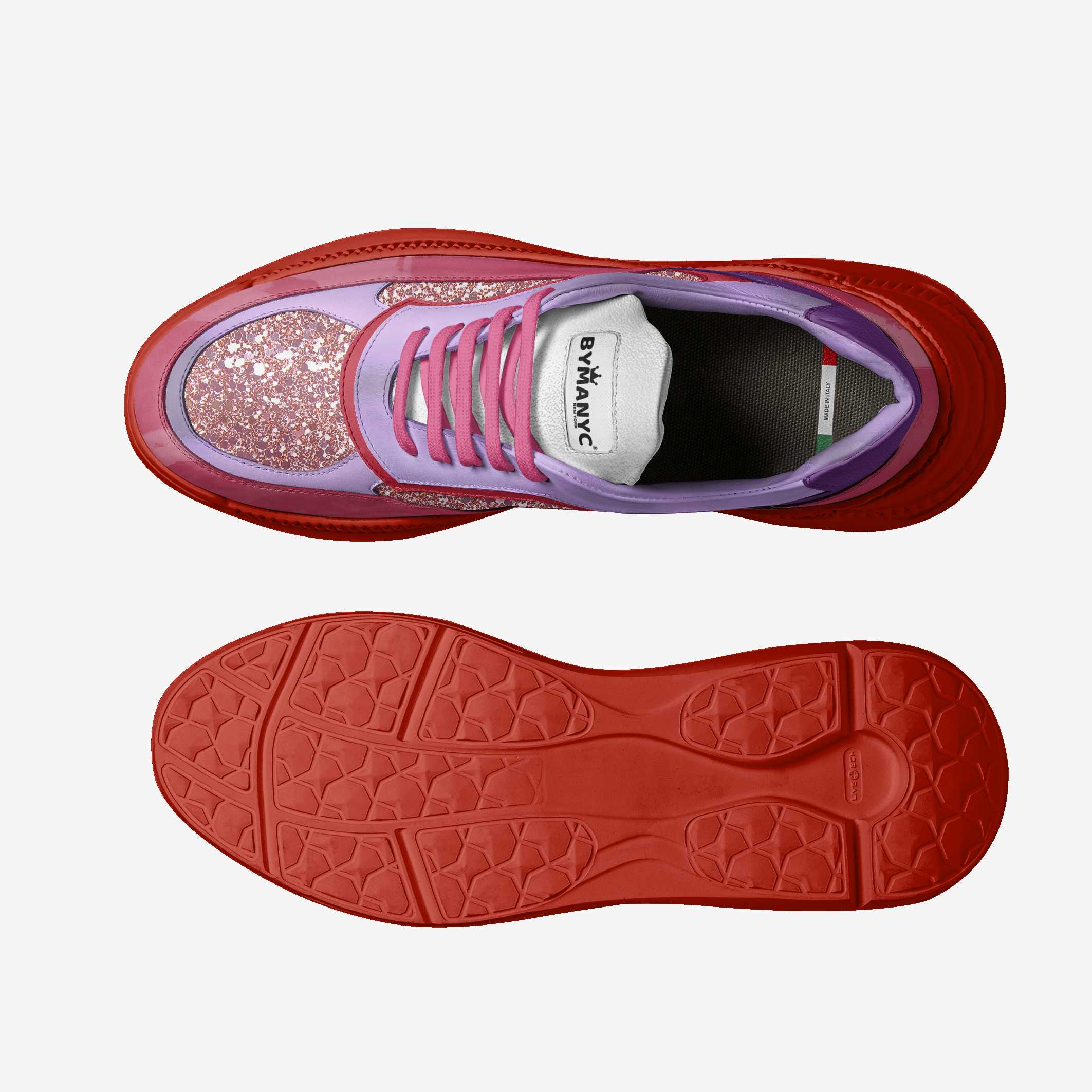Pink sneaker with red sole on a white background