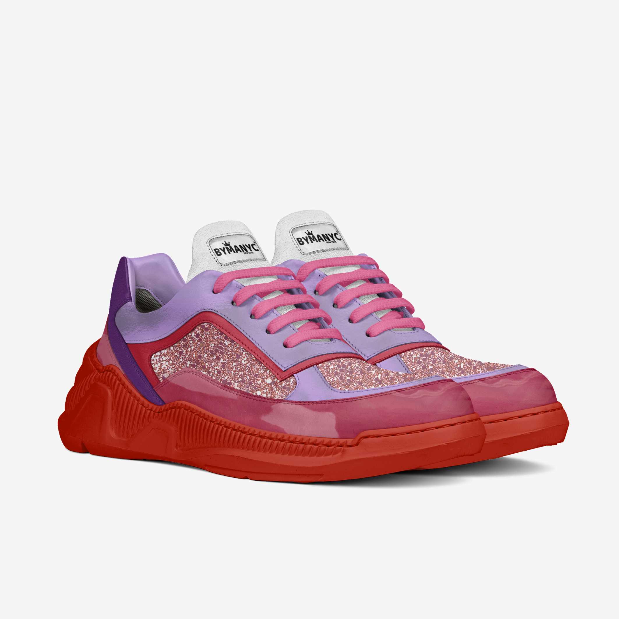 Multicolored sneaker with glittery sole on a white background
