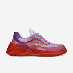 Sneaker with red and purple design on a light gray background