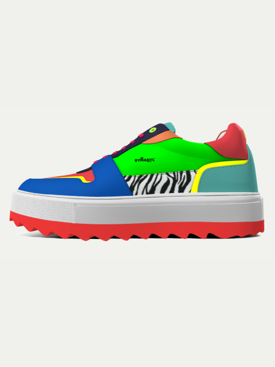 Multicolored sneaker with zebra pattern on a light gray background