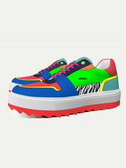 Colorful platform sneakers with a zebra pattern on a light gray background