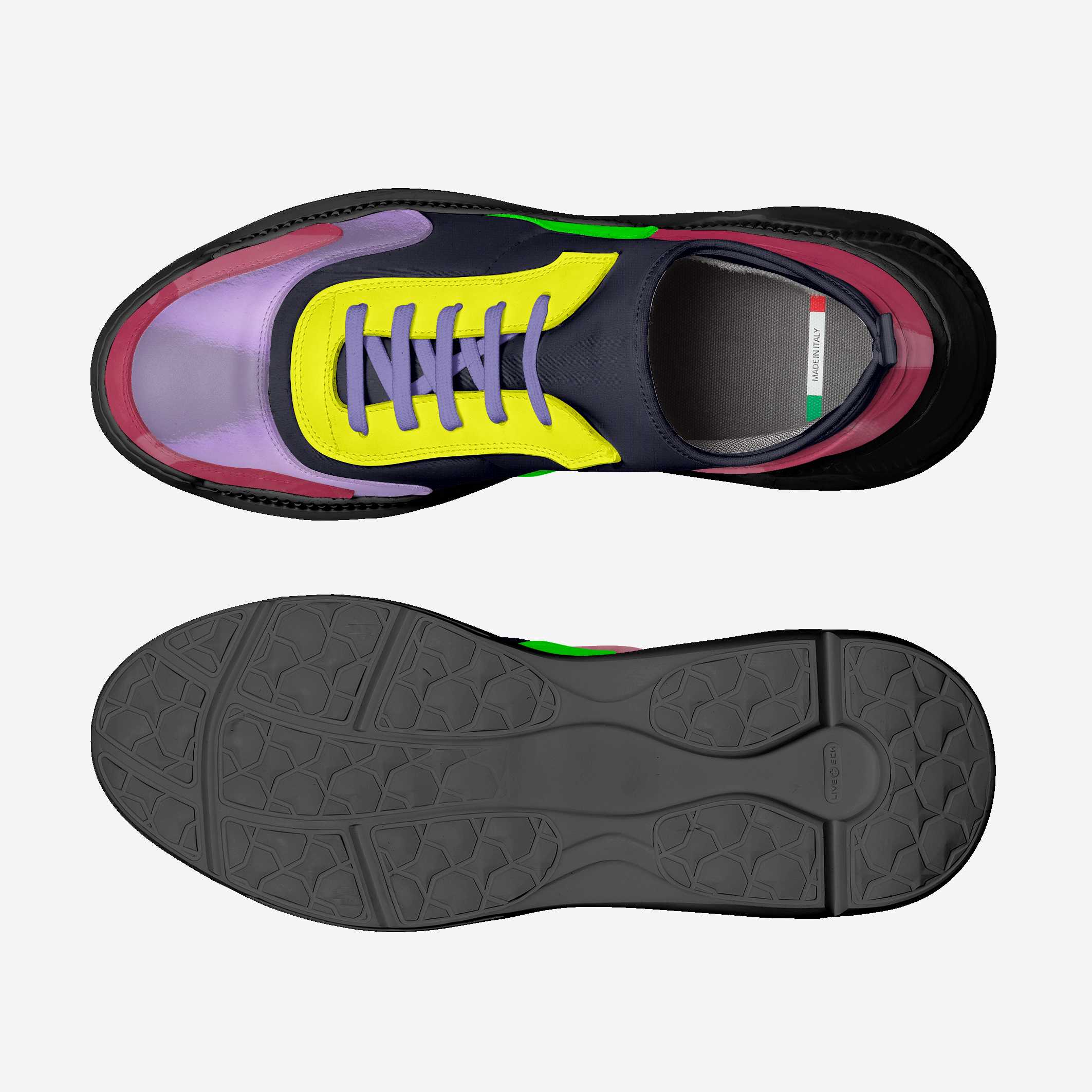 Multicolored sneaker with a focus on sole texture on a white background