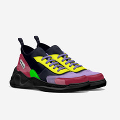 Multicolored sneakers with a brand logo on a light gray background