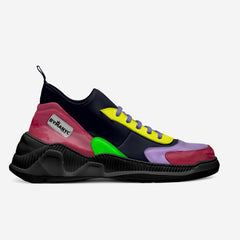 Multicolored sneaker with a prominent brand logo on a light gray background