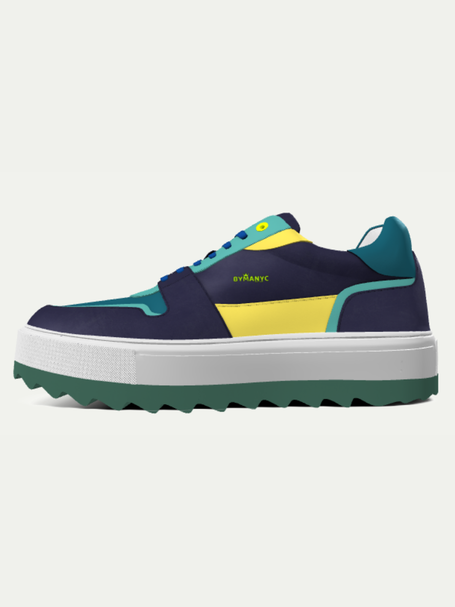 Multicolored sneaker with a white sole on a light gray background