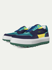 Navy and teal sneakers with yellow accents on a white background
