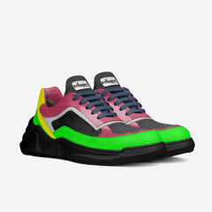 Multicolored sneaker with a brand logo on a light gray background