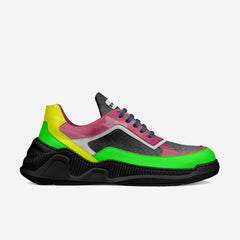 Multicolored sneaker with a black sole on a light gray background
