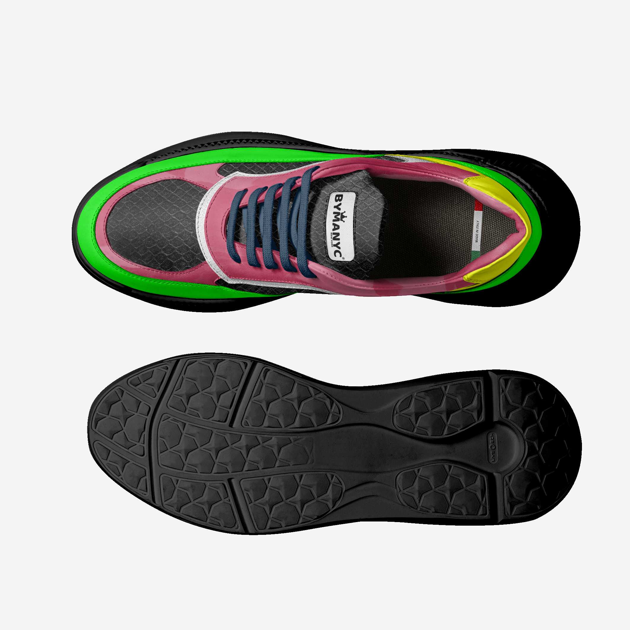 Sneaker with colorful sole and black sole showing brand logo on a white background