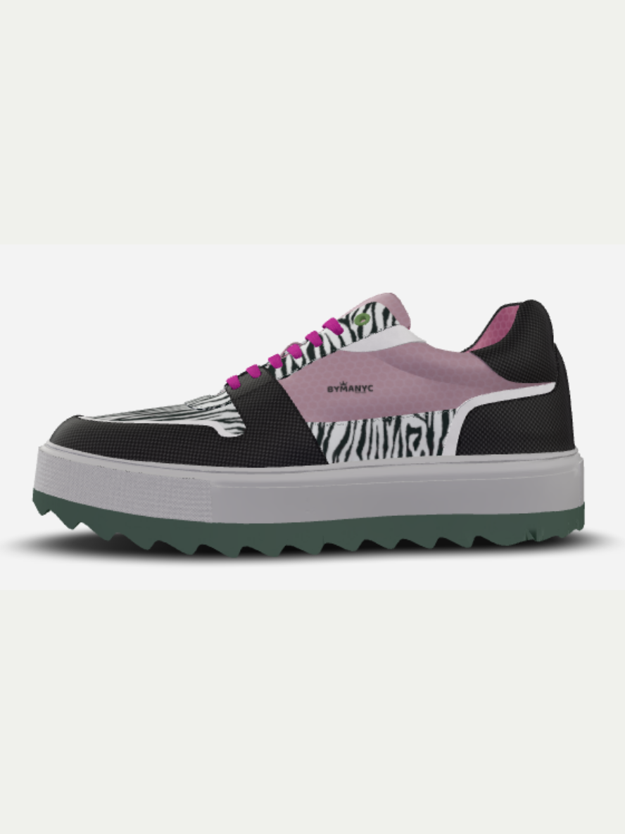 Sneaker with zebra pattern and pink accents on a light gray background