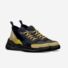 Black and beige sneakers on a light gray background