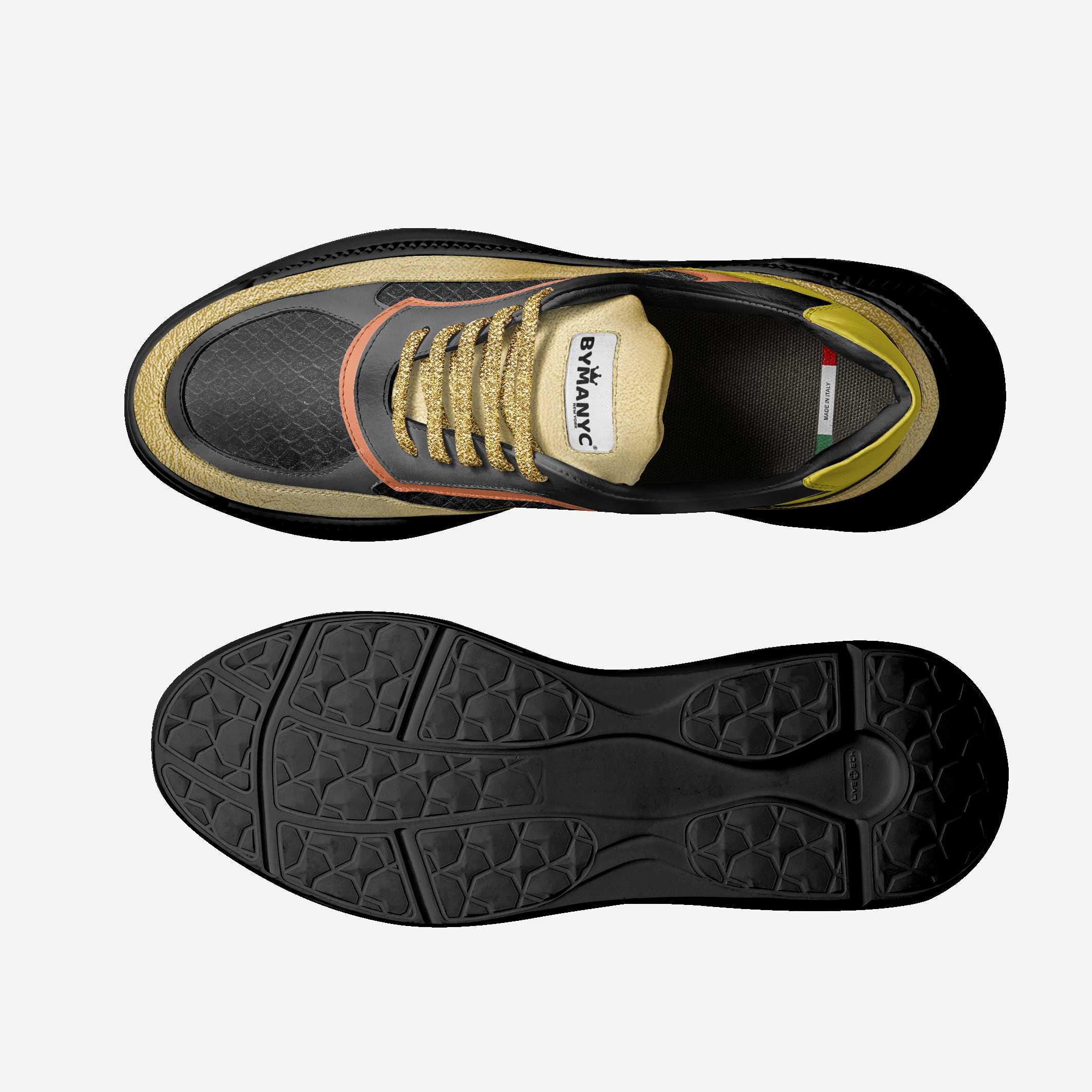 Top and bottom views of a black and yellow sneaker with brand logo.