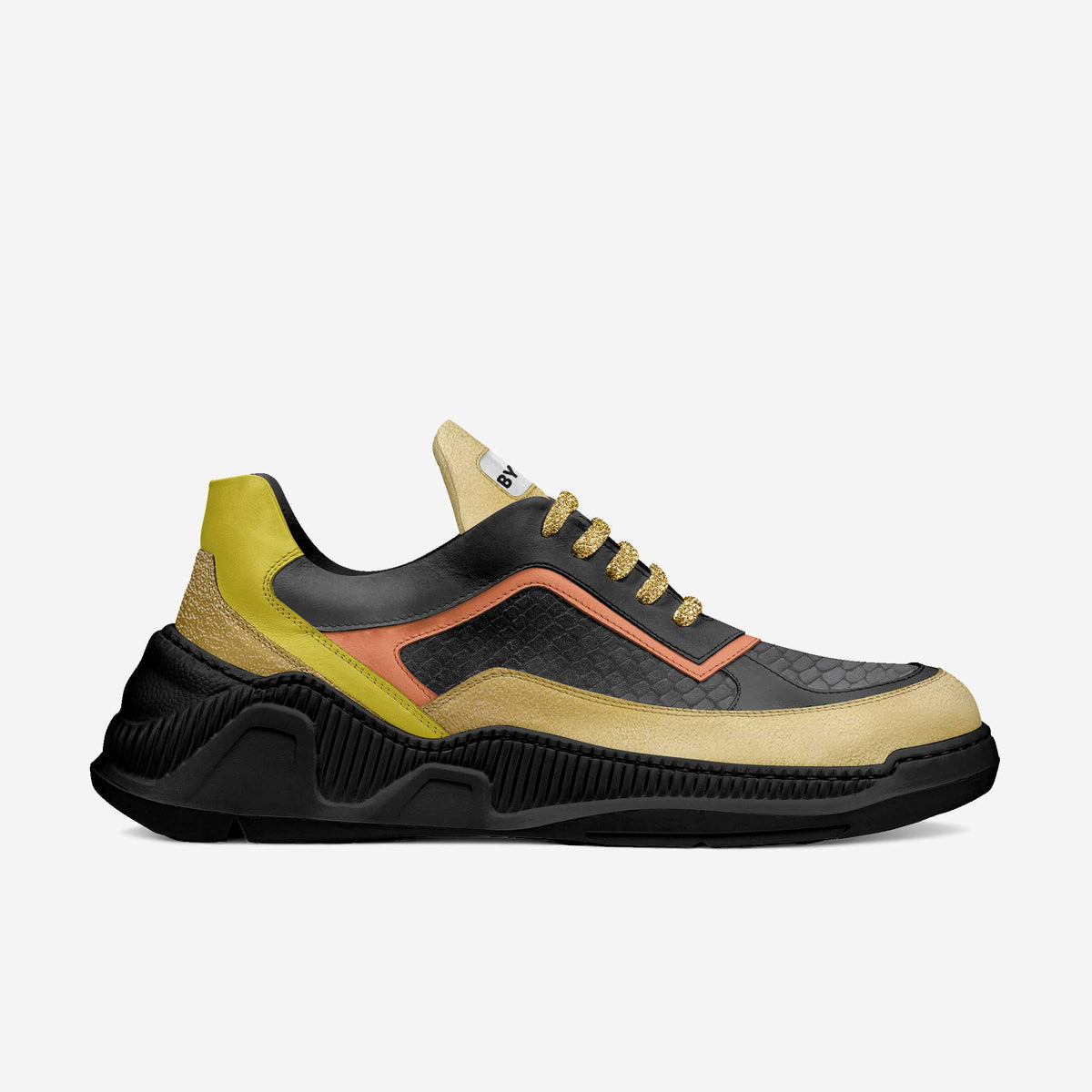 Multicolored sneaker with black sole on a white background