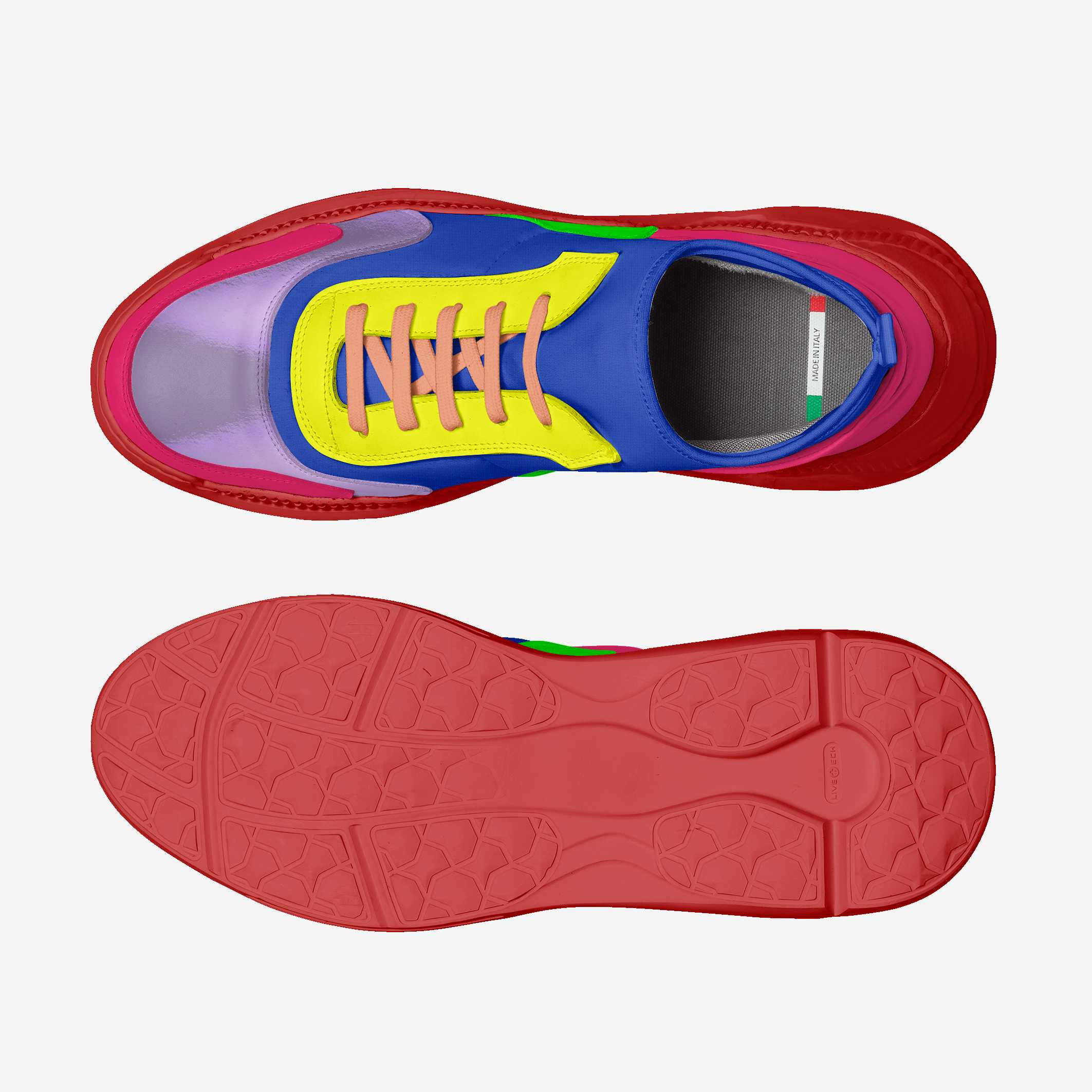 Colorful sneaker with a red sole on a white background