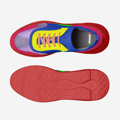 Colorful sneaker with a red sole on a white background