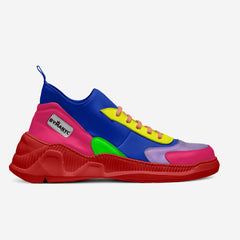 Multicolored sneaker with a prominent brand logo on a light gray background