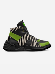 Sneaker with zebra pattern and green accents on a white background