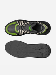 Black and green athletic shoe with zebra pattern on a white background