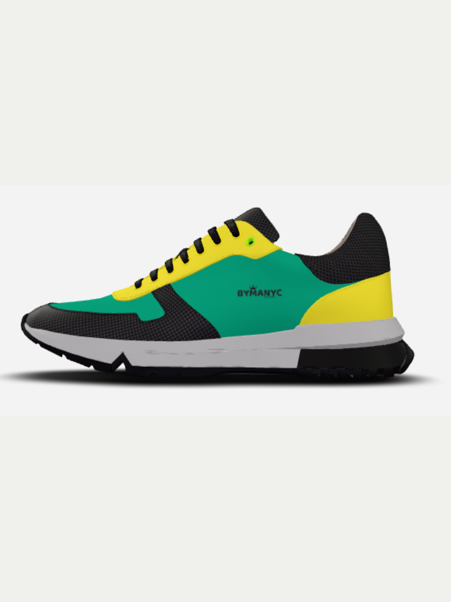 Multicolored sneaker with black, yellow, green, and gray design on a white background