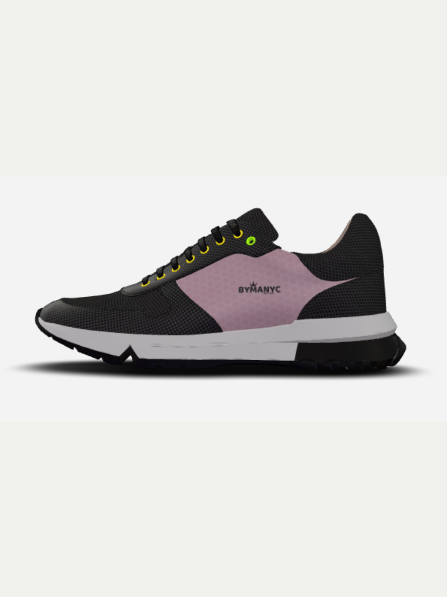Black and pink sneaker with a visible brand logo on a white background