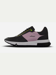 Black and pink sneaker with a visible brand logo on a white background