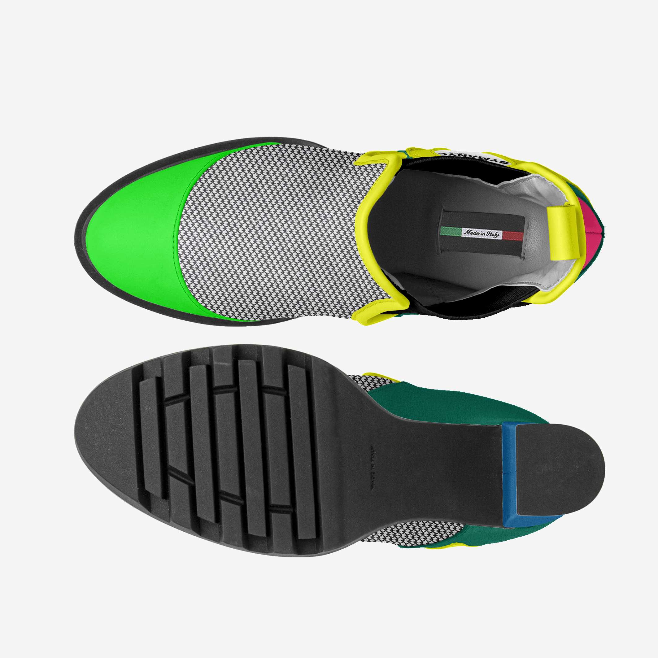 Colorful sneaker with green, yellow, and gray accents on a white background