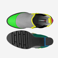 Colorful sneaker with green, yellow, and gray accents on a white background