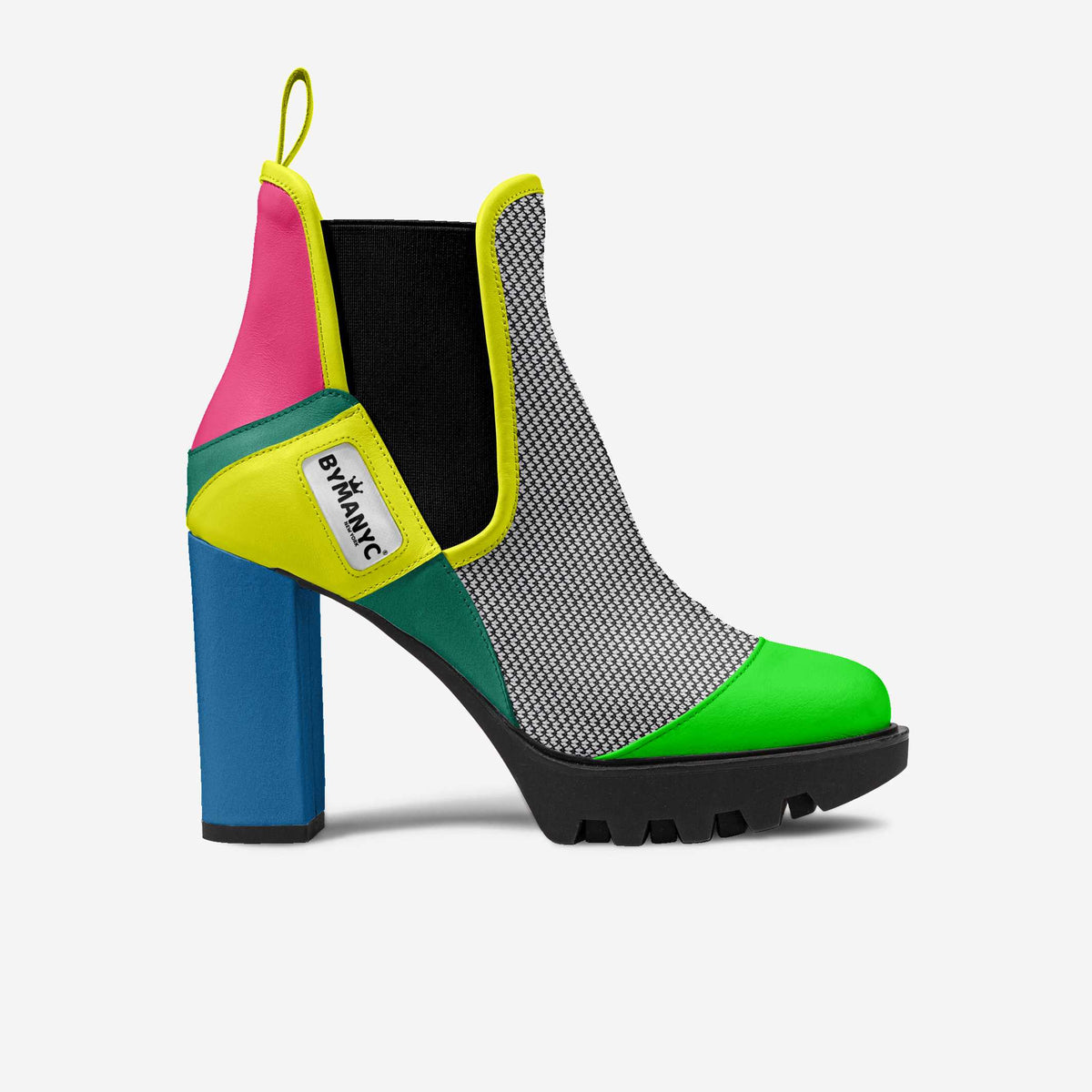 Colorful high-heeled shoe with a brand label on a white background