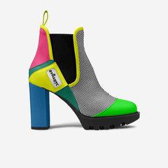 Colorful high-heeled shoe with a brand label on a white background