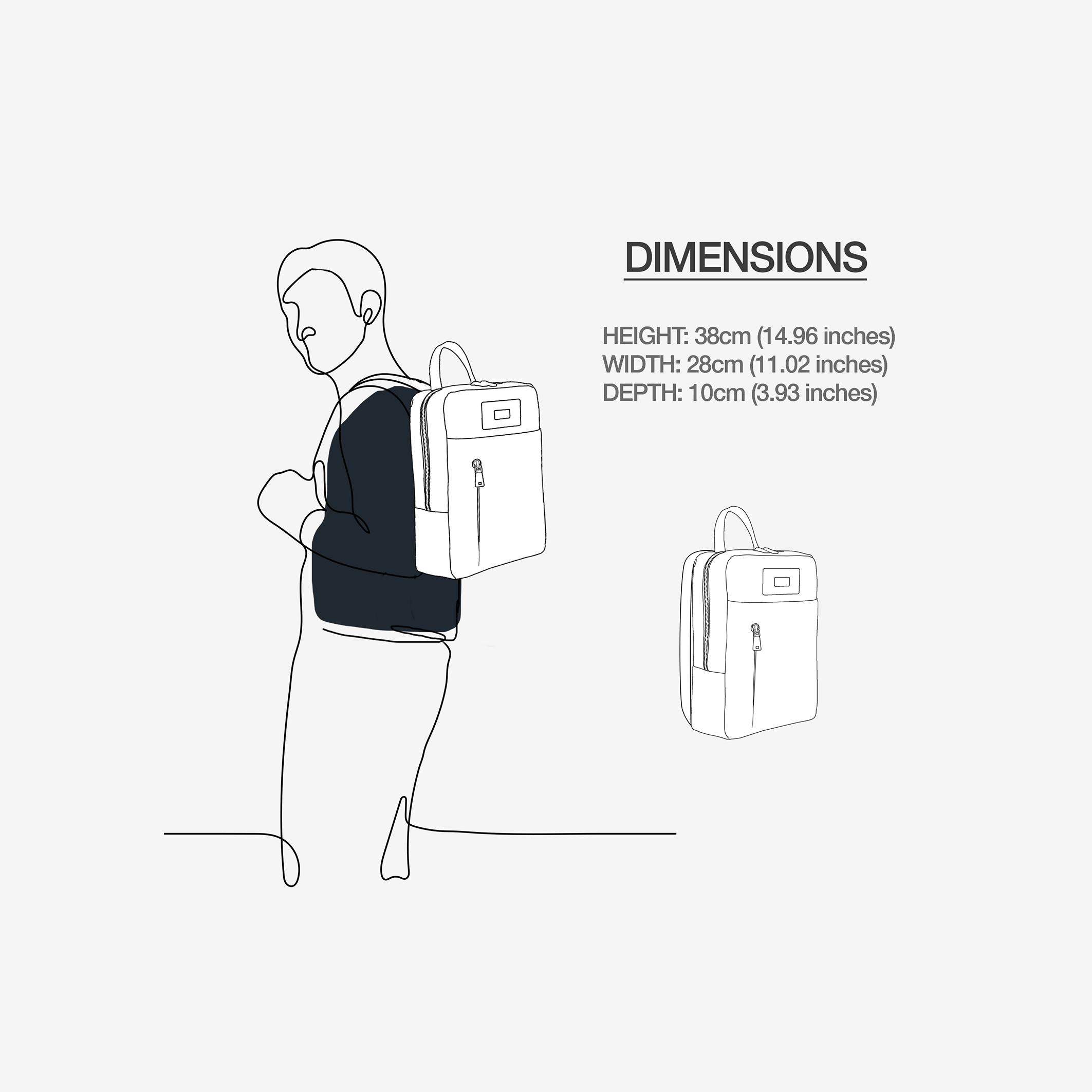Outline of a person wearing a backpack with dimensions displayed.
