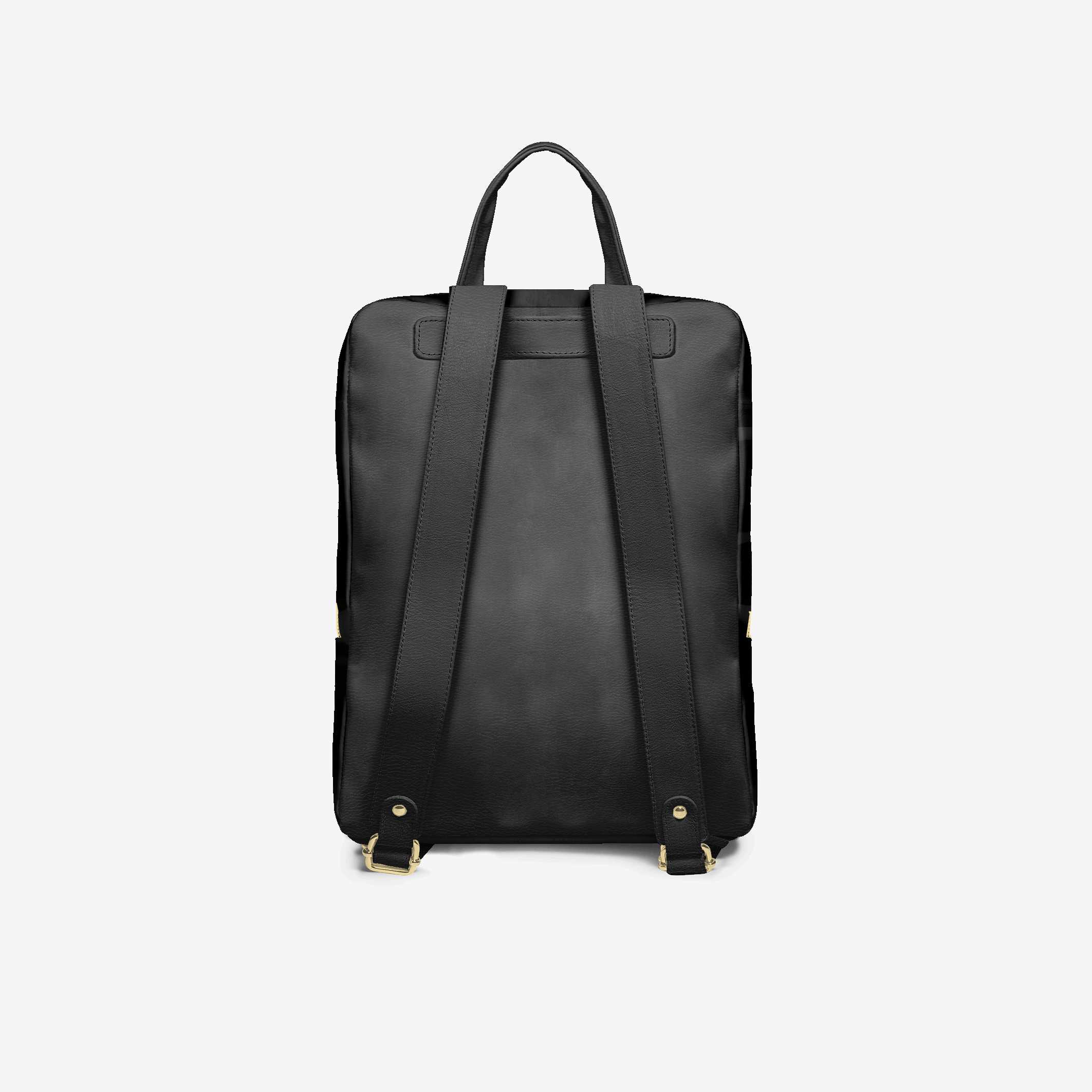Black backpack on a light gray background