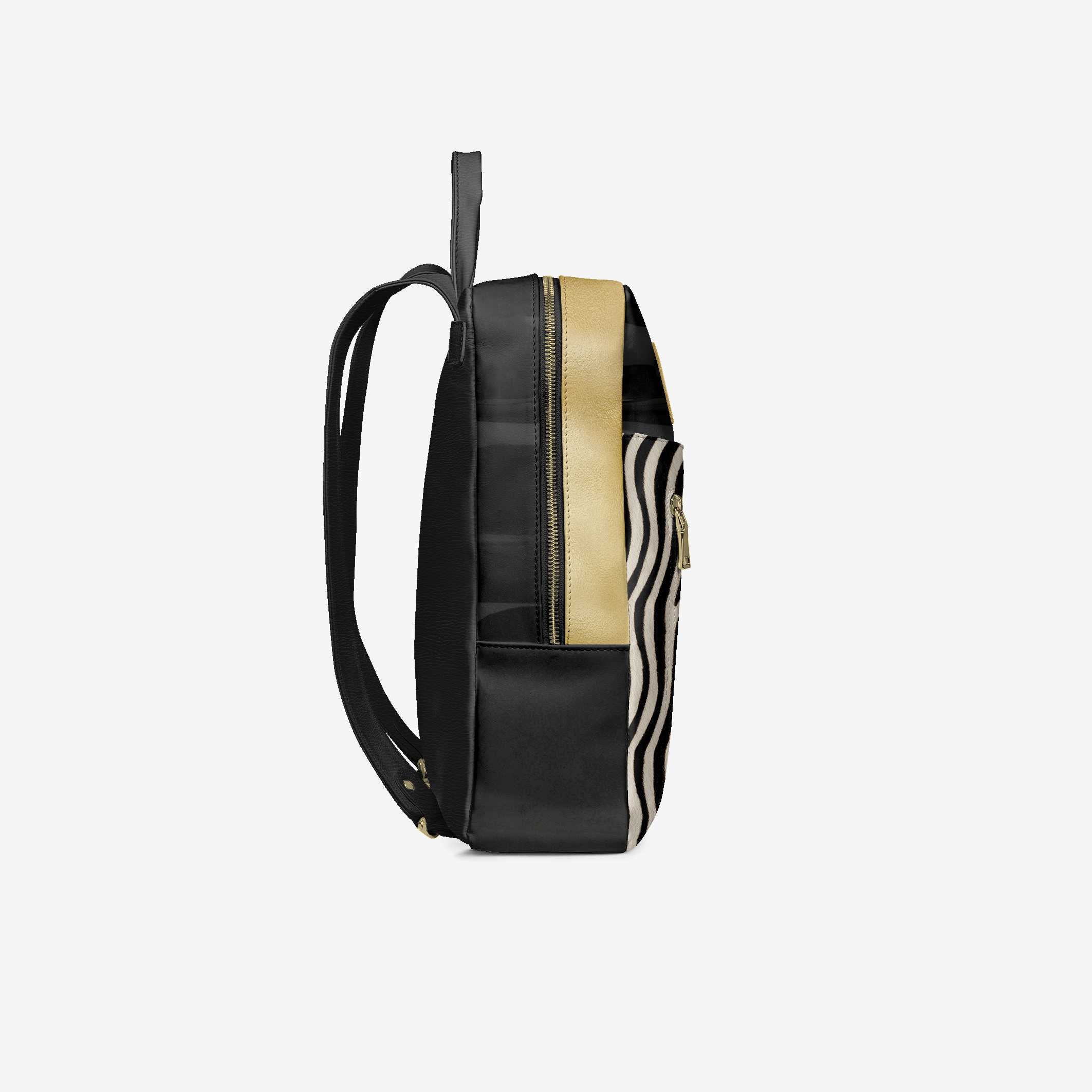 Black backpack with zebra pattern side panel on a light gray background