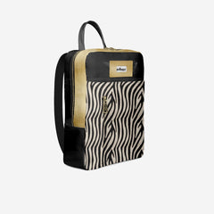 Backpack with zebra pattern and black accents on a white background