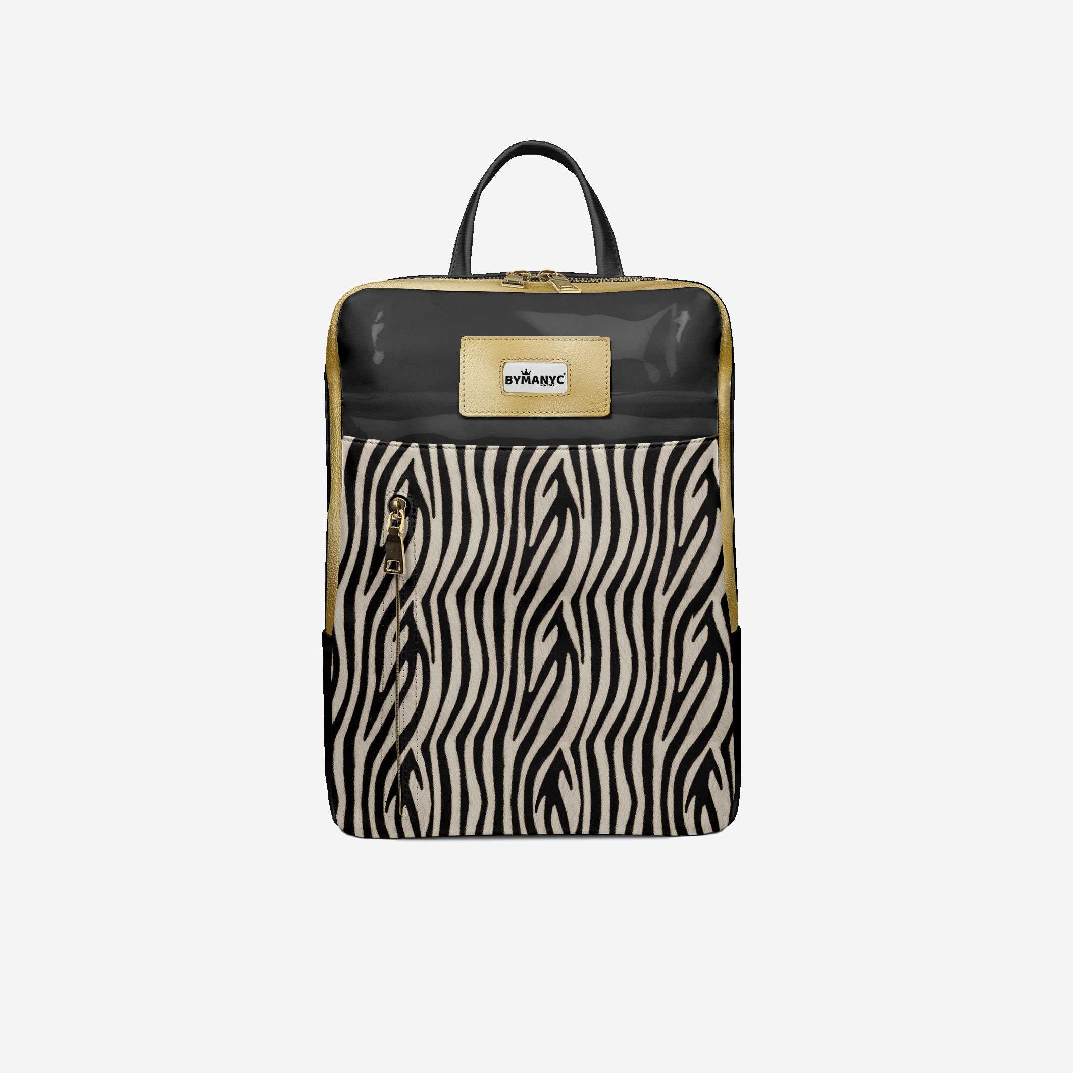 Backpack with zebra pattern and black accents on a white background