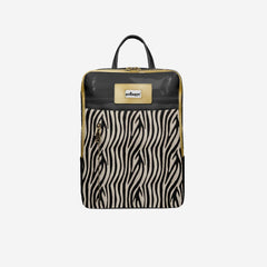 Backpack with zebra pattern and black accents on a white background
