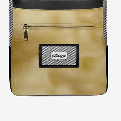 Gold backpack with a visible brand label on a white background