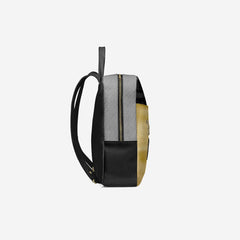 Backpack with black and gold design on a white background