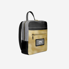 Gold and black backpack with a visible brand logo on a white background