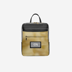 Beige backpack with black top section on a light gray background