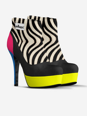 High-heeled shoe with zebra pattern and colorful sole on a white background