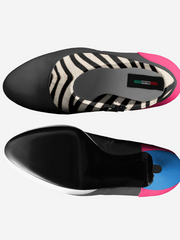 Two shoe insoles with zebra pattern and colorful sole on a white background