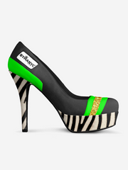 High-heeled shoe with zebra pattern and green accents on a white background