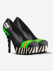 Black high-heeled shoes with zebra pattern and green accents on a white background
