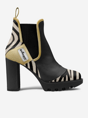 Black ankle boot with zebra pattern and block heel on a white background