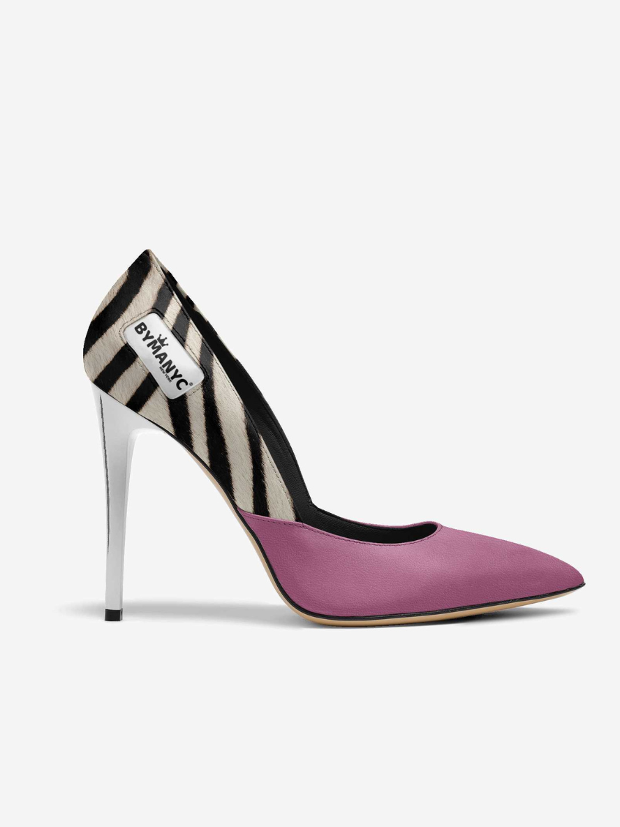 High-heeled shoe with zebra pattern and pink toe box on a white background
