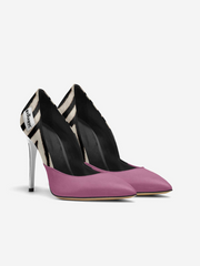 Pair of high-heeled shoes with black and purple design on a white background