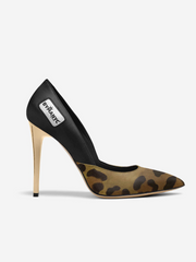 High-heeled shoe with leopard print toe and black side panel on a white background