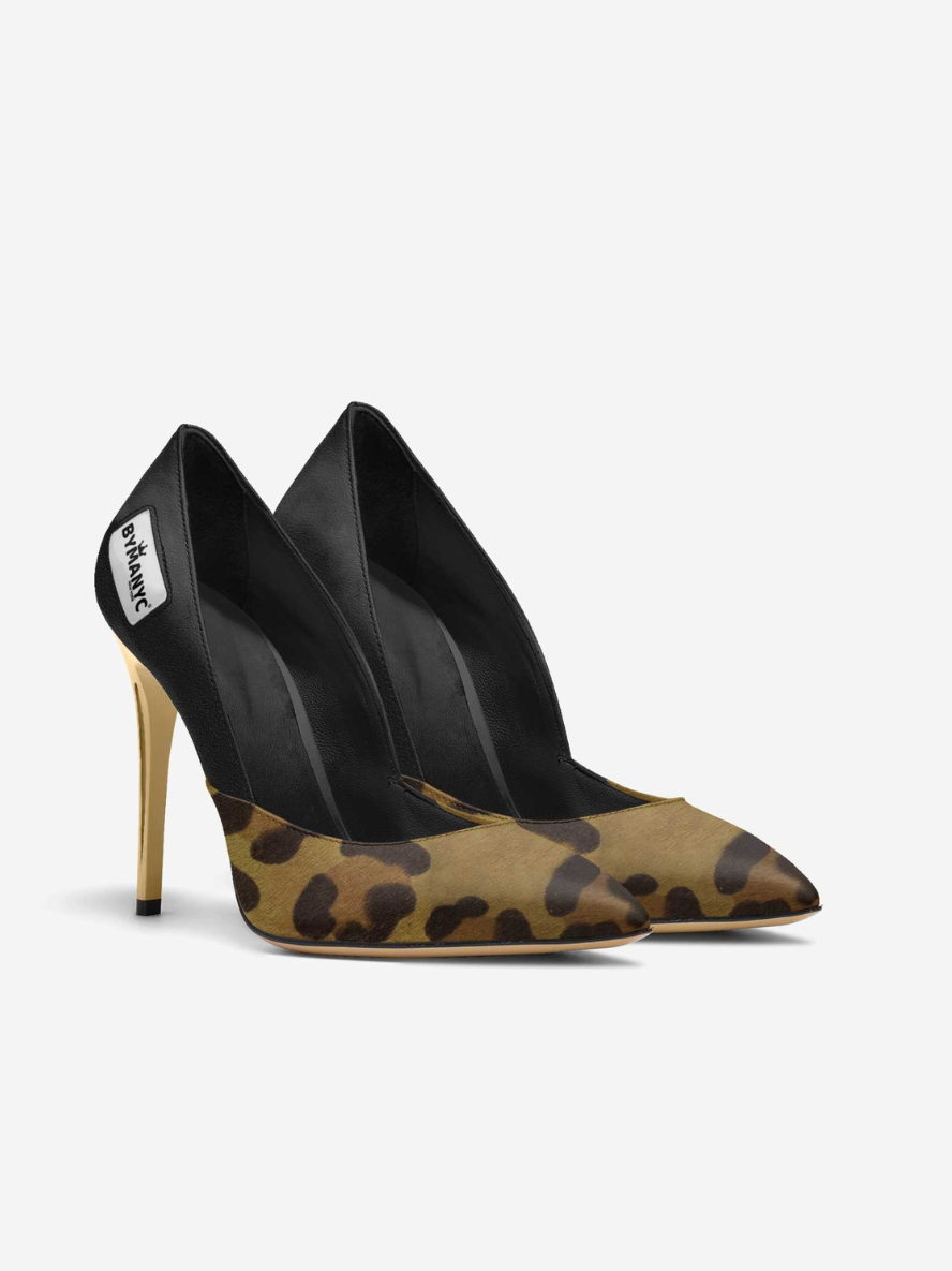 Pair of high-heeled shoes with leopard print soles on a white background